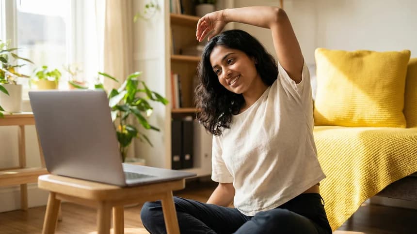 Physical therapist demonstrating stretch via laptop at home