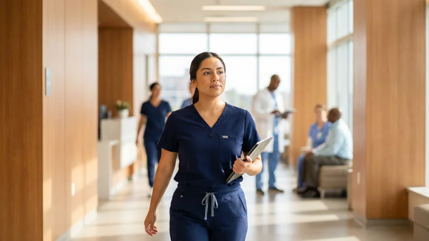 PA walking briskly down bright hospital corridor