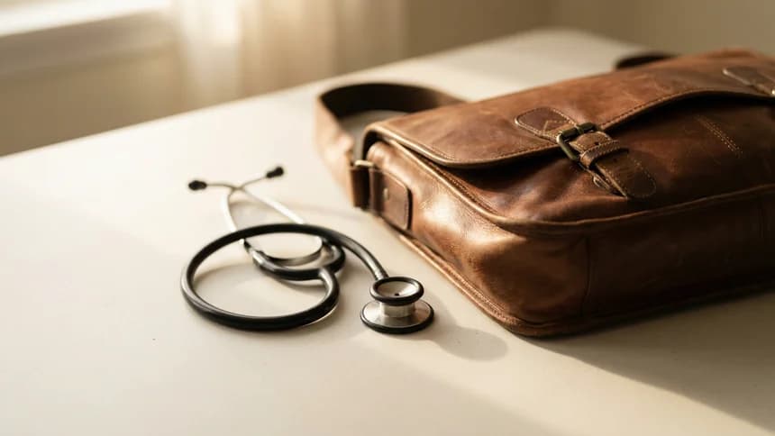 Stethoscope coiled beside leather messenger bag