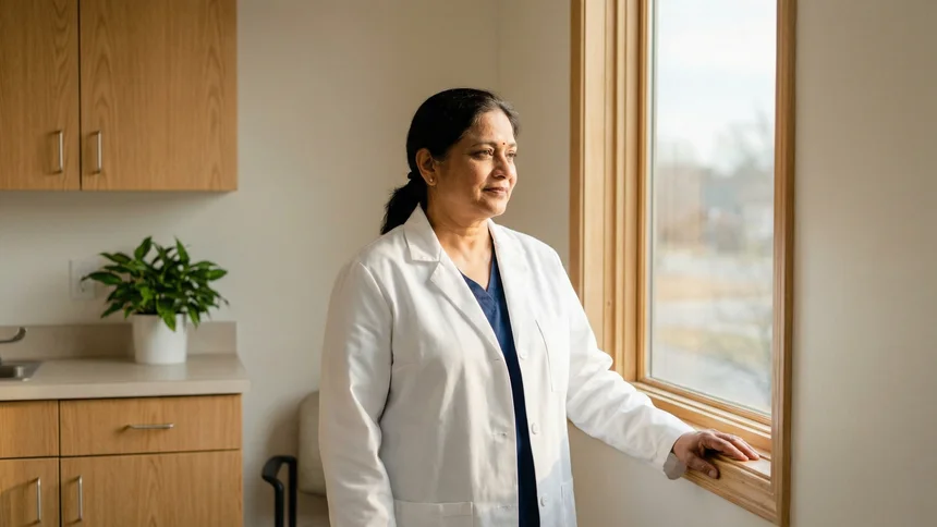 Physician gazing out window in modern exam room