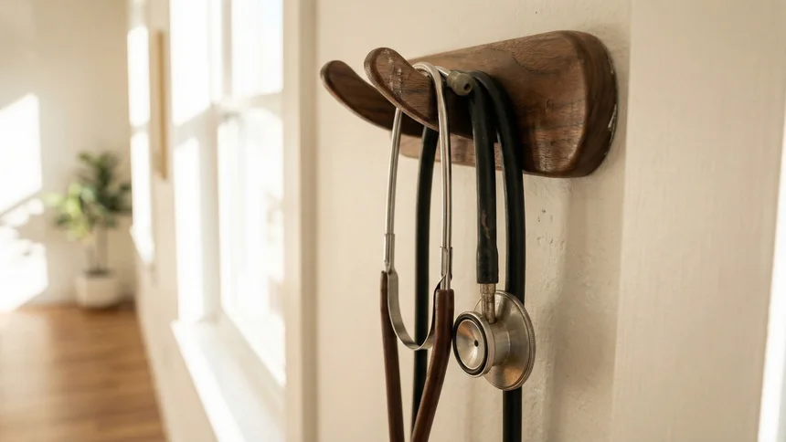 Two stethoscopes hanging on a walnut wall hook