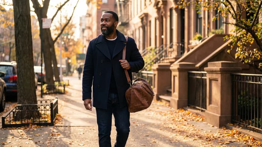 Physician walking along autumn city sidewalk with leather bag