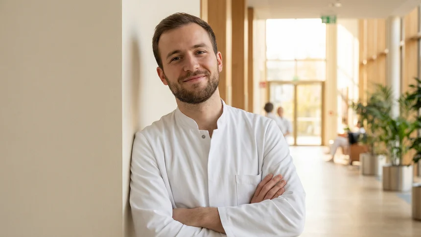 Young physician leaning casually against hospital corridor wall