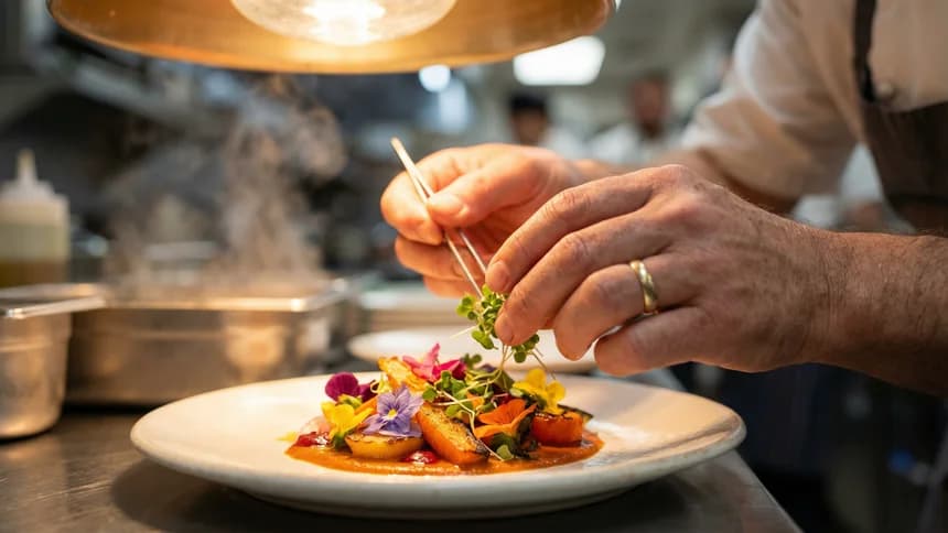 Chef hands plating dish with microgreen garnish