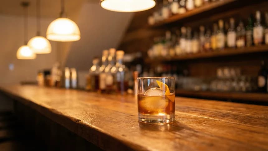 Craft cocktail with ice sphere on warm wood bar