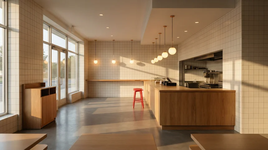 Modern fast-casual interior with red accent stool