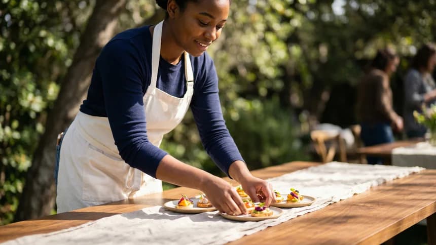 Caterer arranging plates on outdoor walnut table