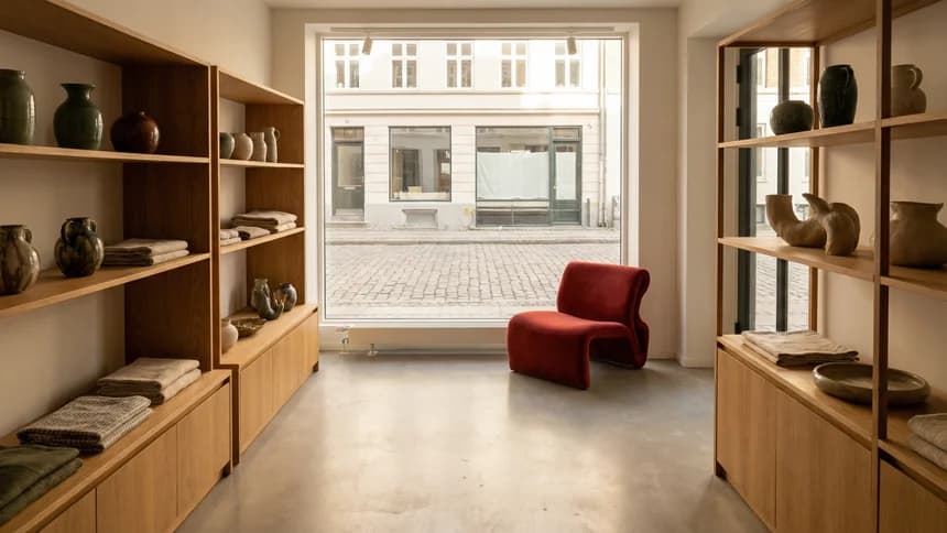 Modern boutique retail interior with warm wood shelving
