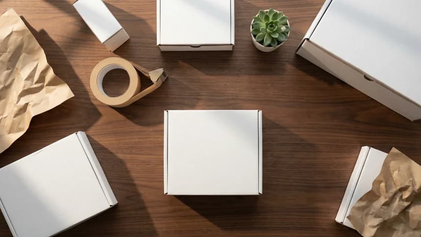 Packing station flat-lay with white boxes on walnut surface