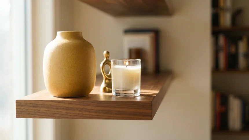 Curated shelf with ceramic vase, sculpture, and candle