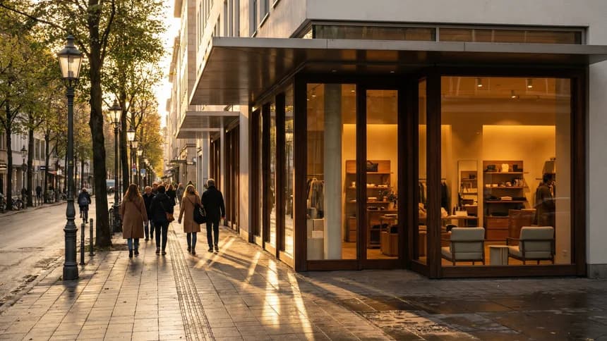 Modern retail storefront at golden hour with warm interior glow