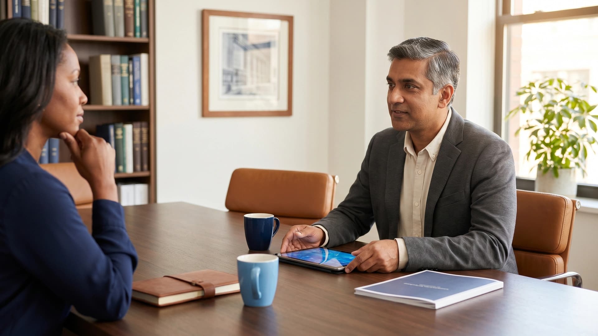Benefits broker advising medical practice client at conference table — broker vs PEO vs direct