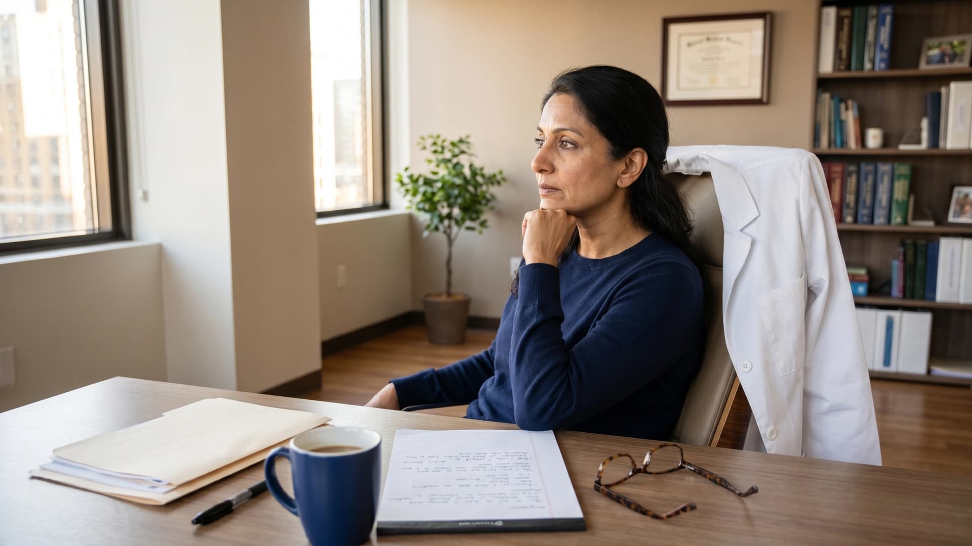 NY physician at home desk weighing malpractice policy options with white coat over chair — carrier comparison
