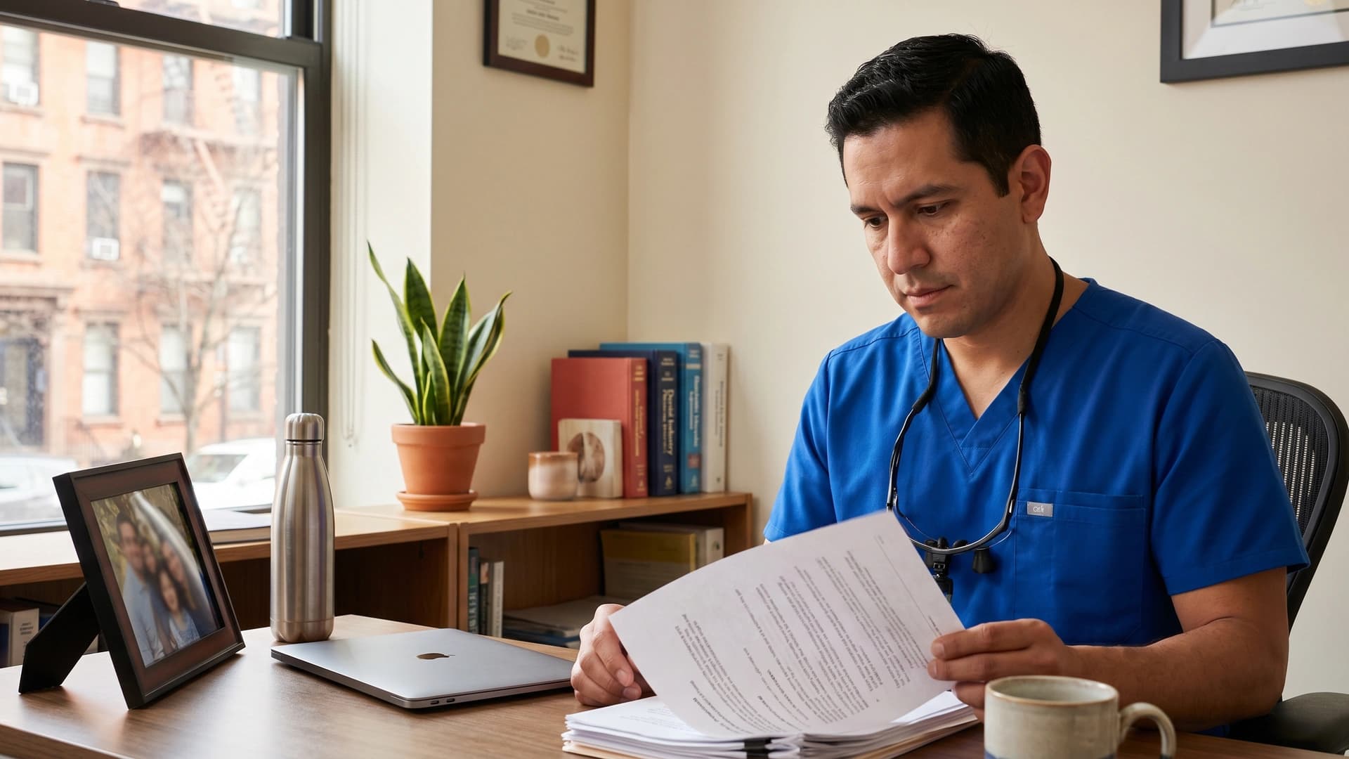 NY dentist in scrubs reading at desk during lunch — how dental disability coverage differs from physician DI