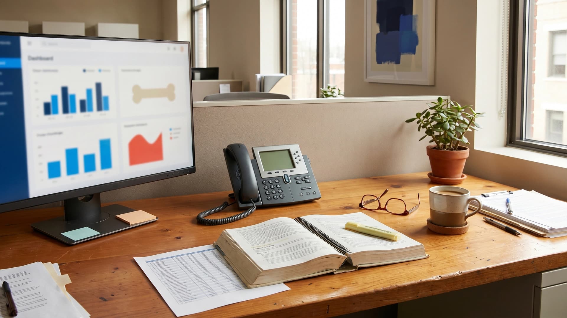 Medical billing workstation mid-workflow with monitor, coding reference, and spreadsheet — RCM leakage
