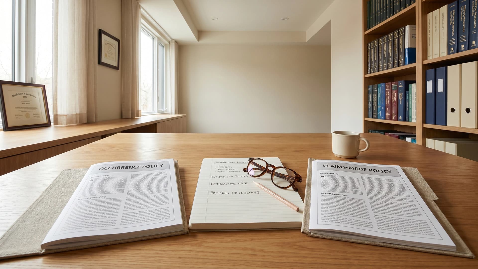 Two NY malpractice policy booklets side-by-side with comparison notebook — occurrence vs claims-made