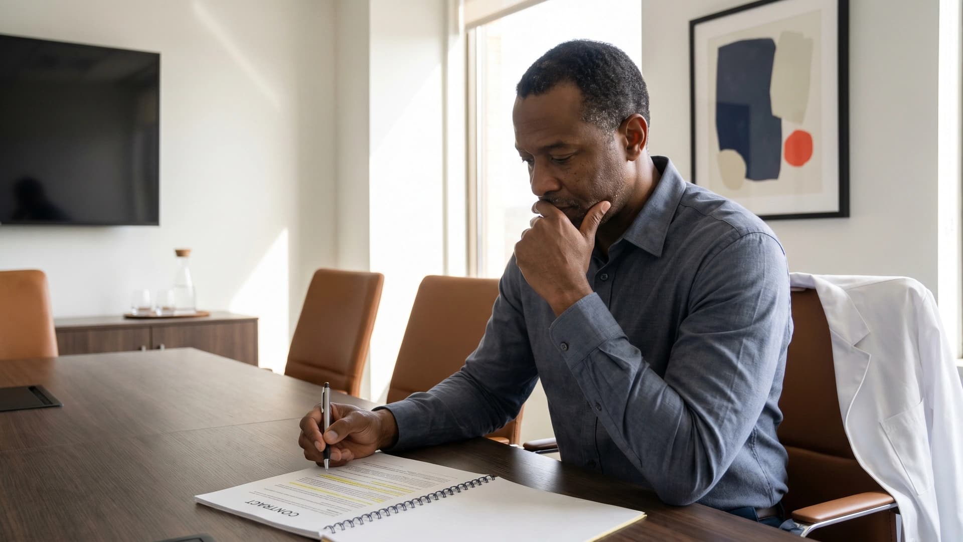 NY physician principal annotating payer contract at conference table — payer contract renegotiation prep