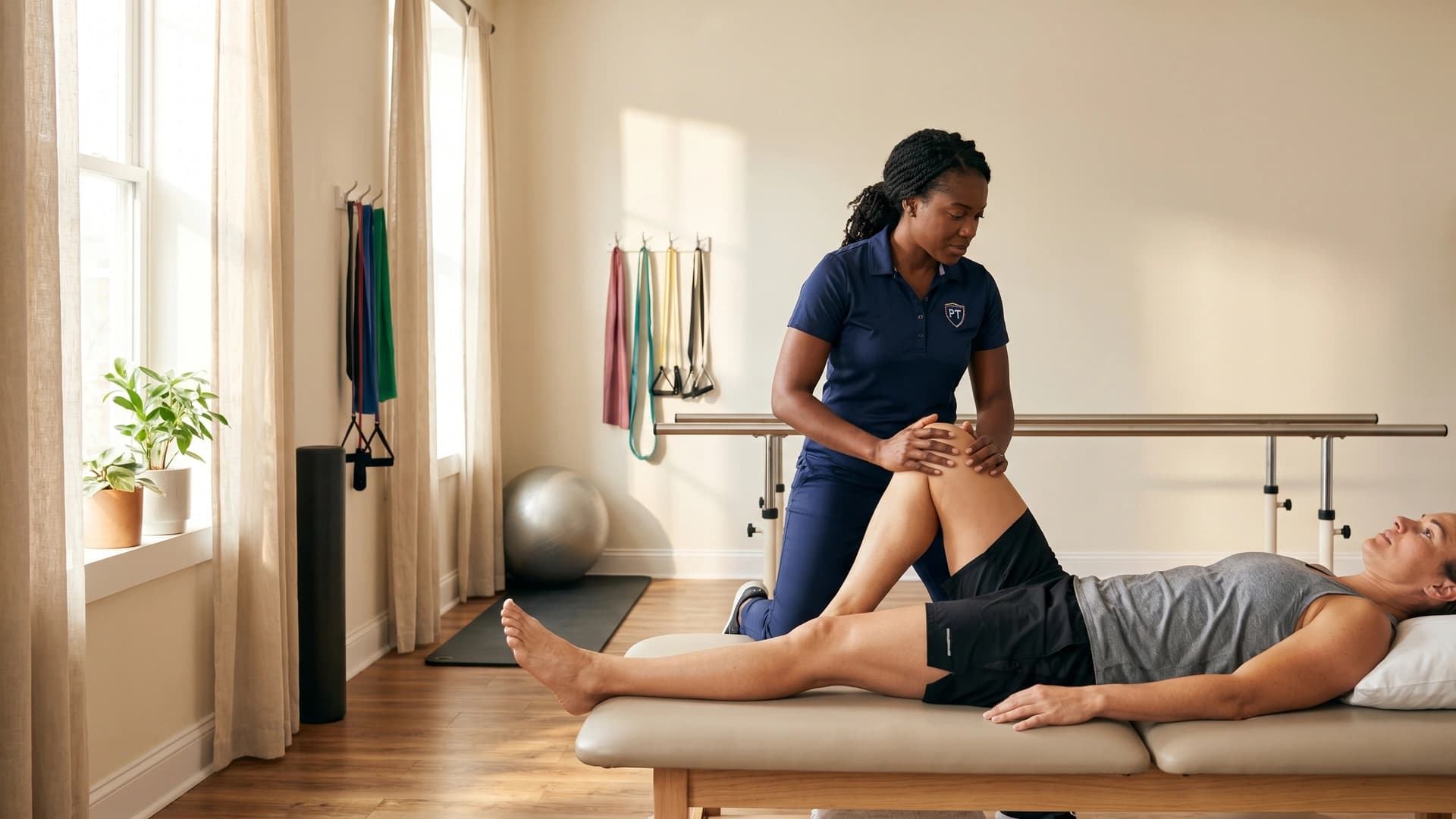 NY physical therapist guiding patient through knee range-of-motion in boutique clinic — PT malpractice