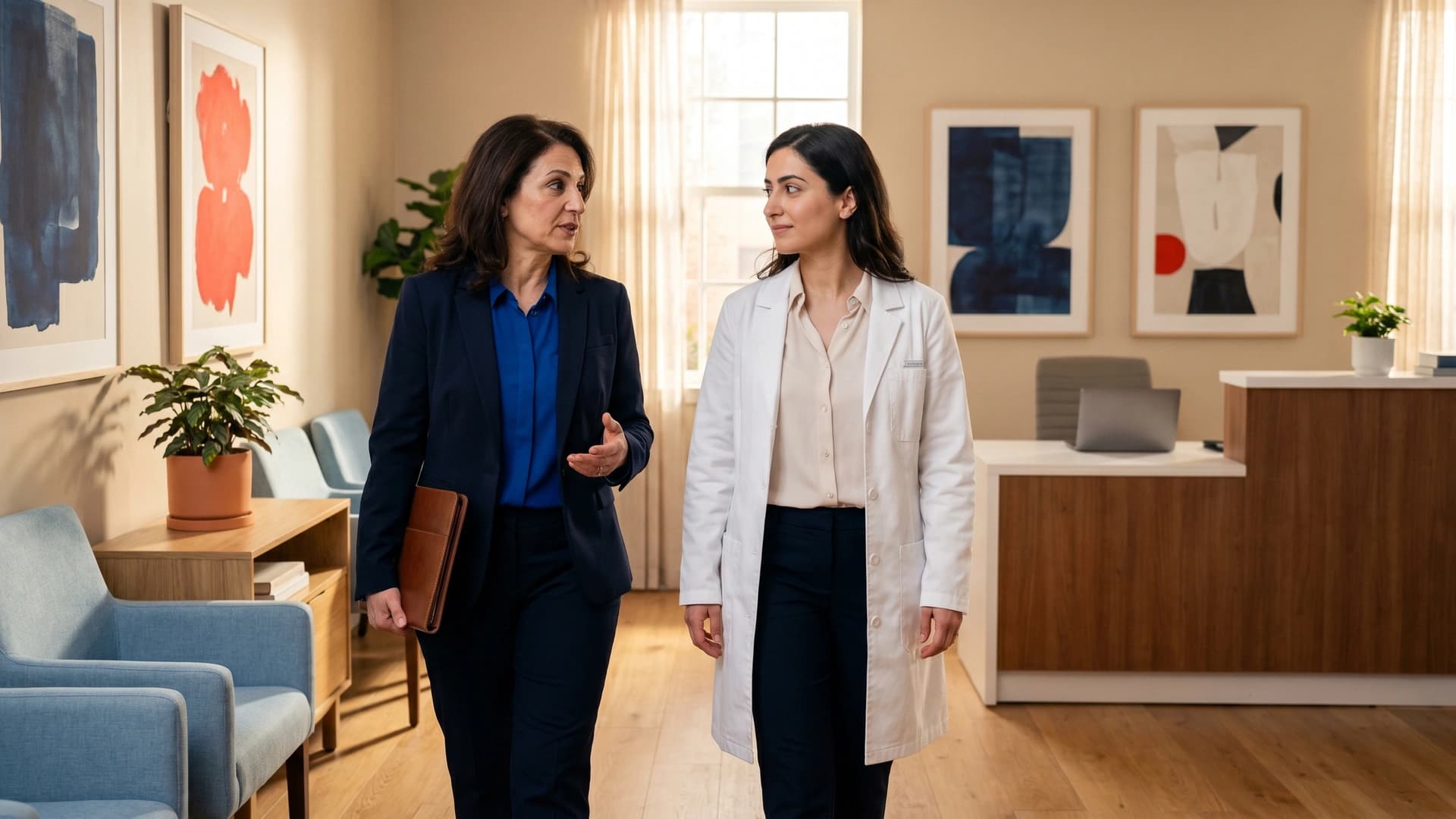 Two NY physician partners walking through practice waiting area — life insurance for partnership buyout