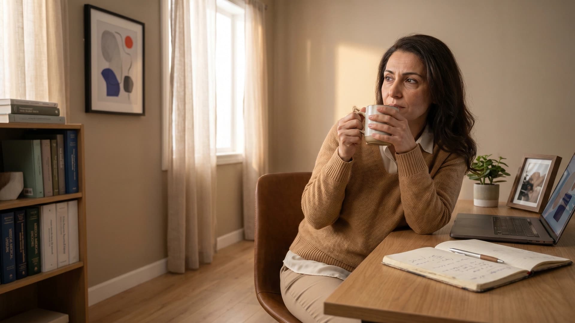 NY medical practice administrator pausing mid-workflow with coffee — building practice benefits for talent
