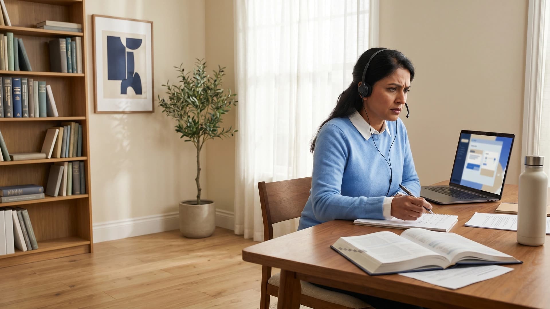 NY physician on headset call from home office — pre-existing conditions in physician disability underwriting