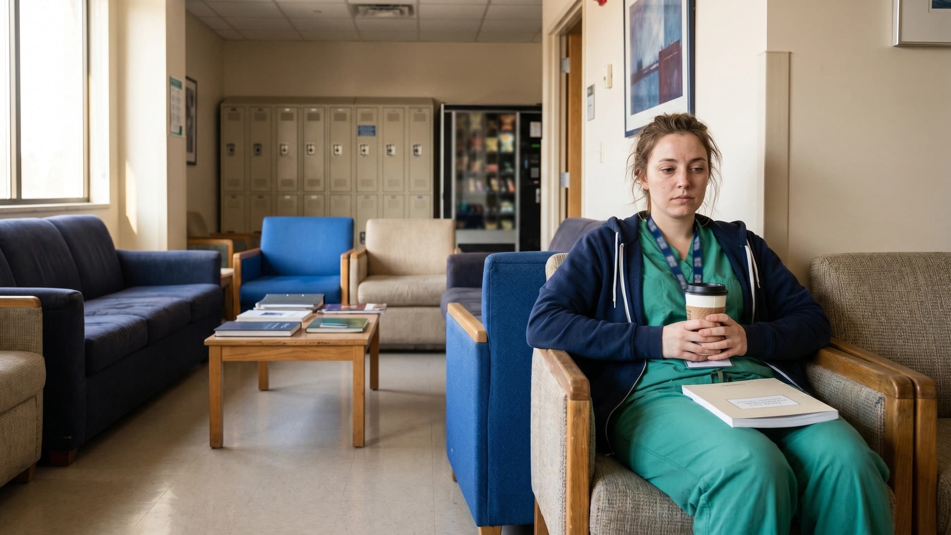 NY resident physician in scrubs and hoodie on lounge break with booklet — residency and fellowship insurance
