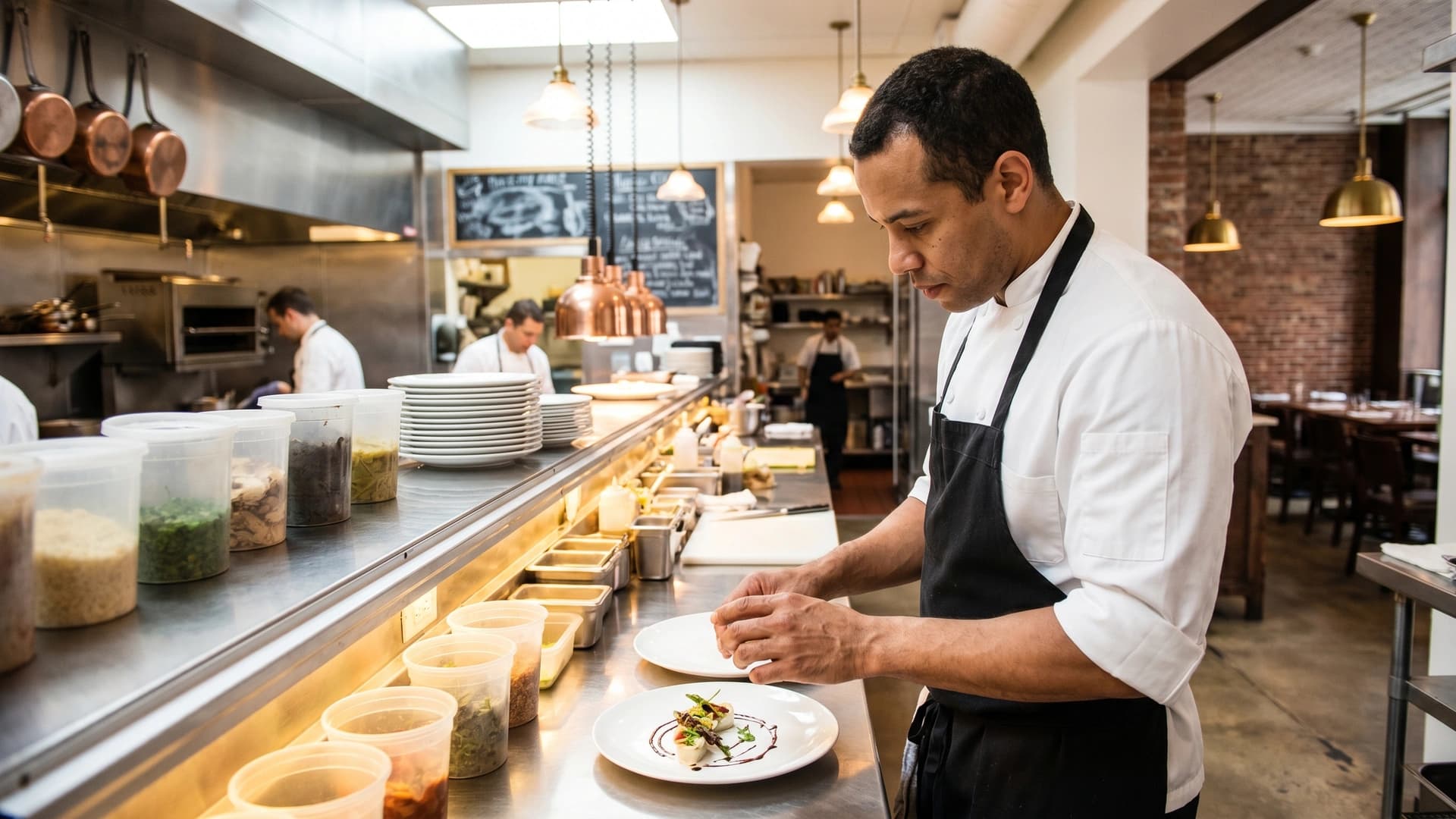 NYC chef plating dish at stainless-steel kitchen pass in independent restaurant — NYC restaurant insurance Insight