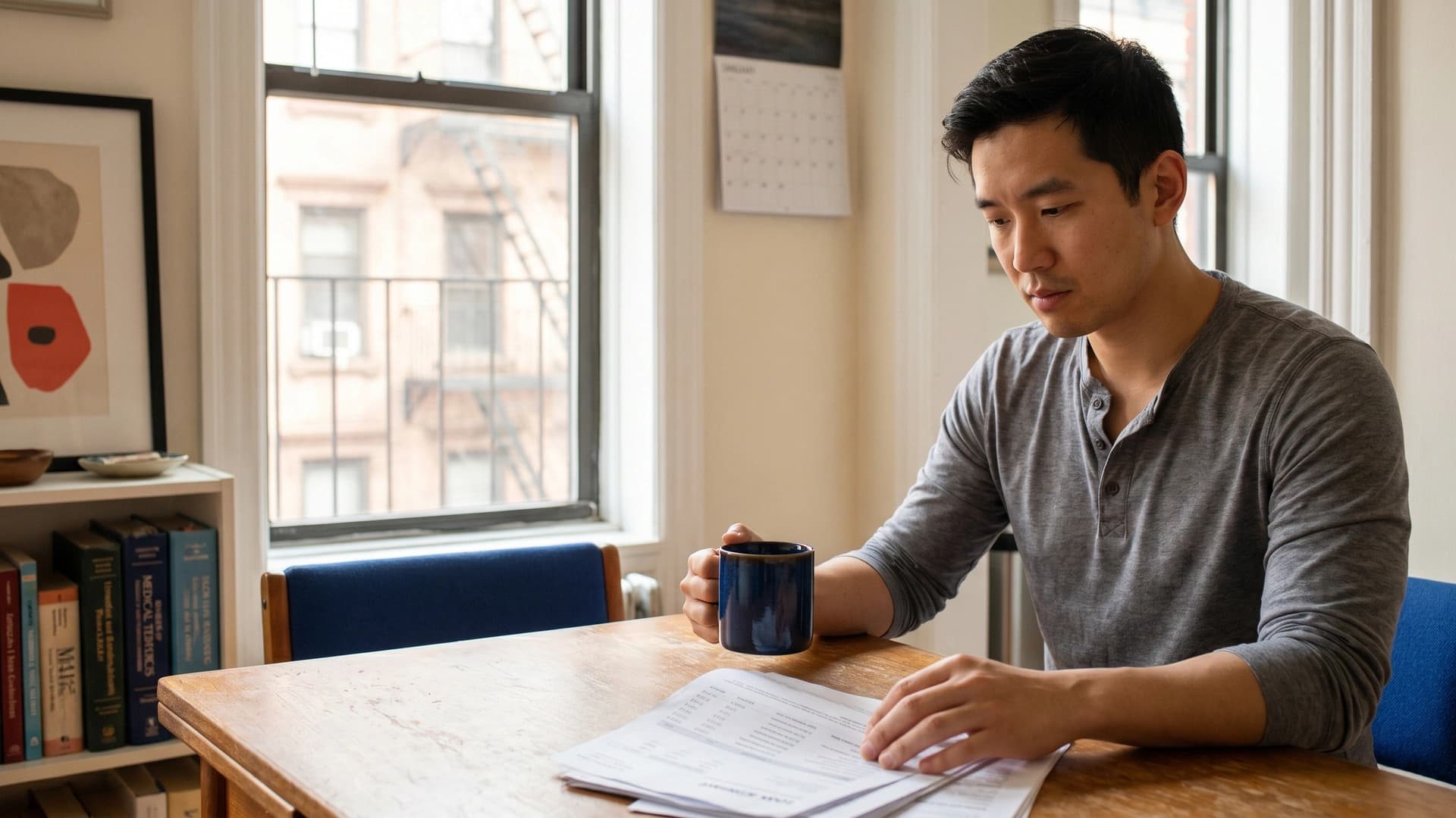 Early-career NY physician reviewing loan statement at kitchen table — student loan protection in DI
