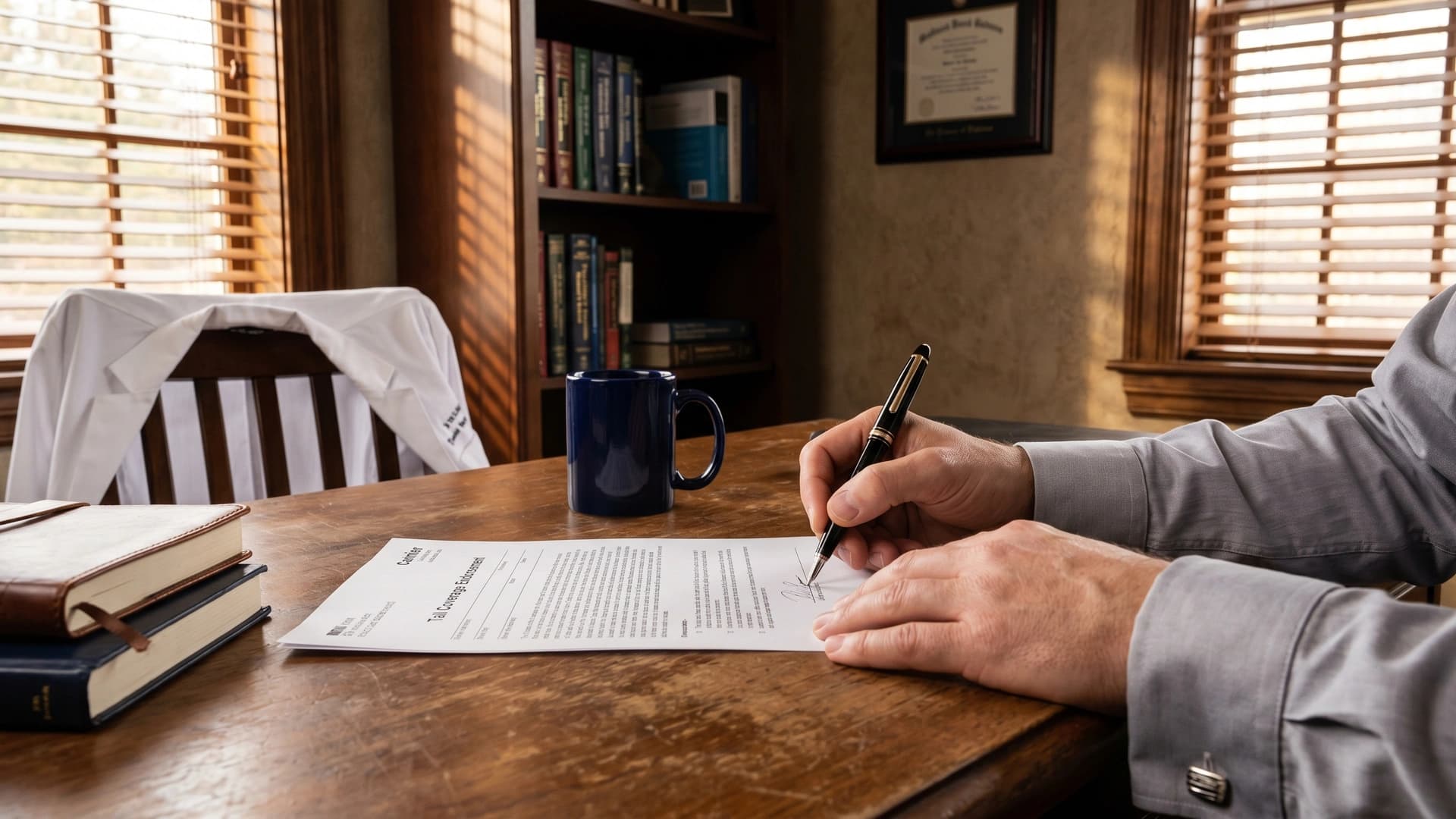 Physician signing tail coverage endorsement at walnut desk — when NY doctors need tail insurance
