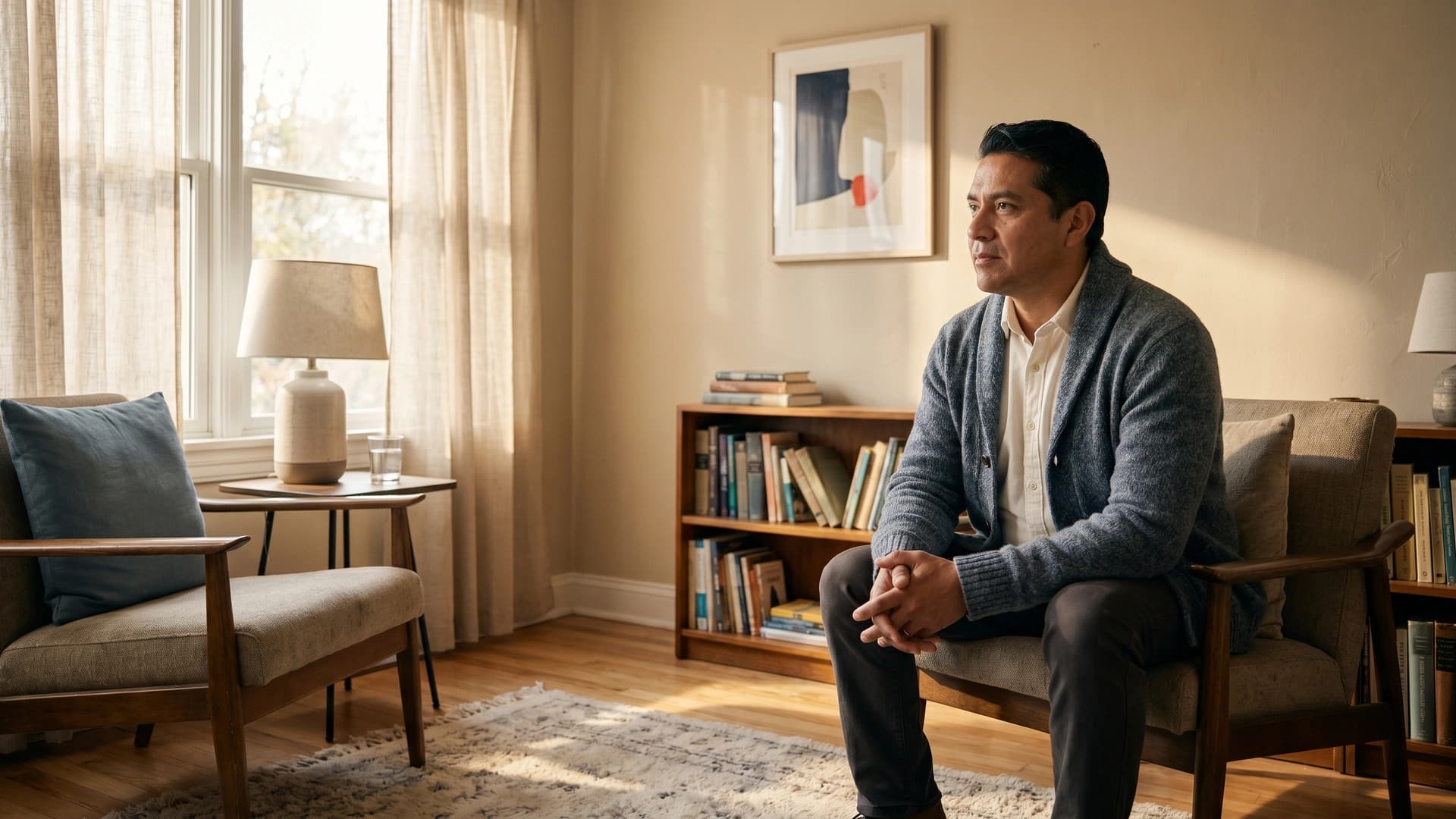 NY licensed therapist between sessions in private practice armchair — therapist malpractice coverage
