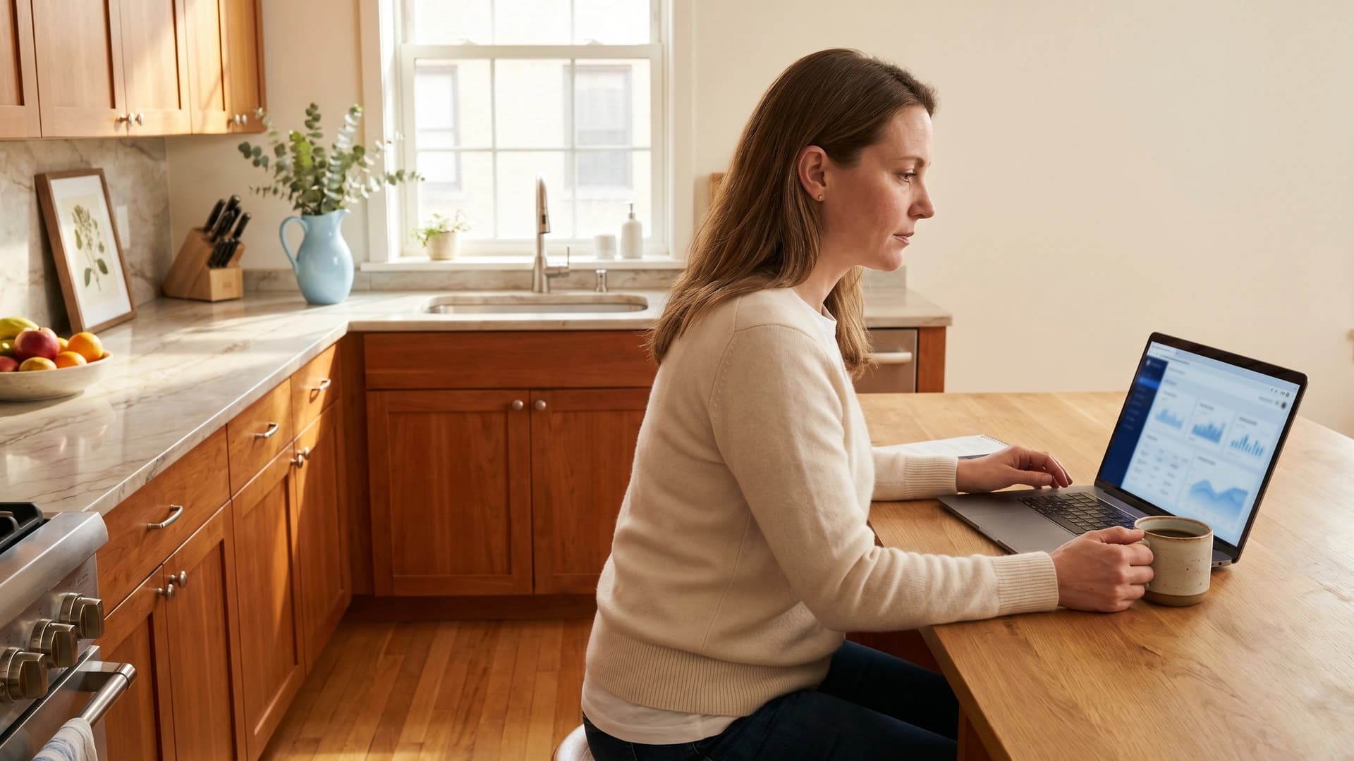Physician at kitchen island comparing disability policy options on laptop — why specialty-specific DI matters