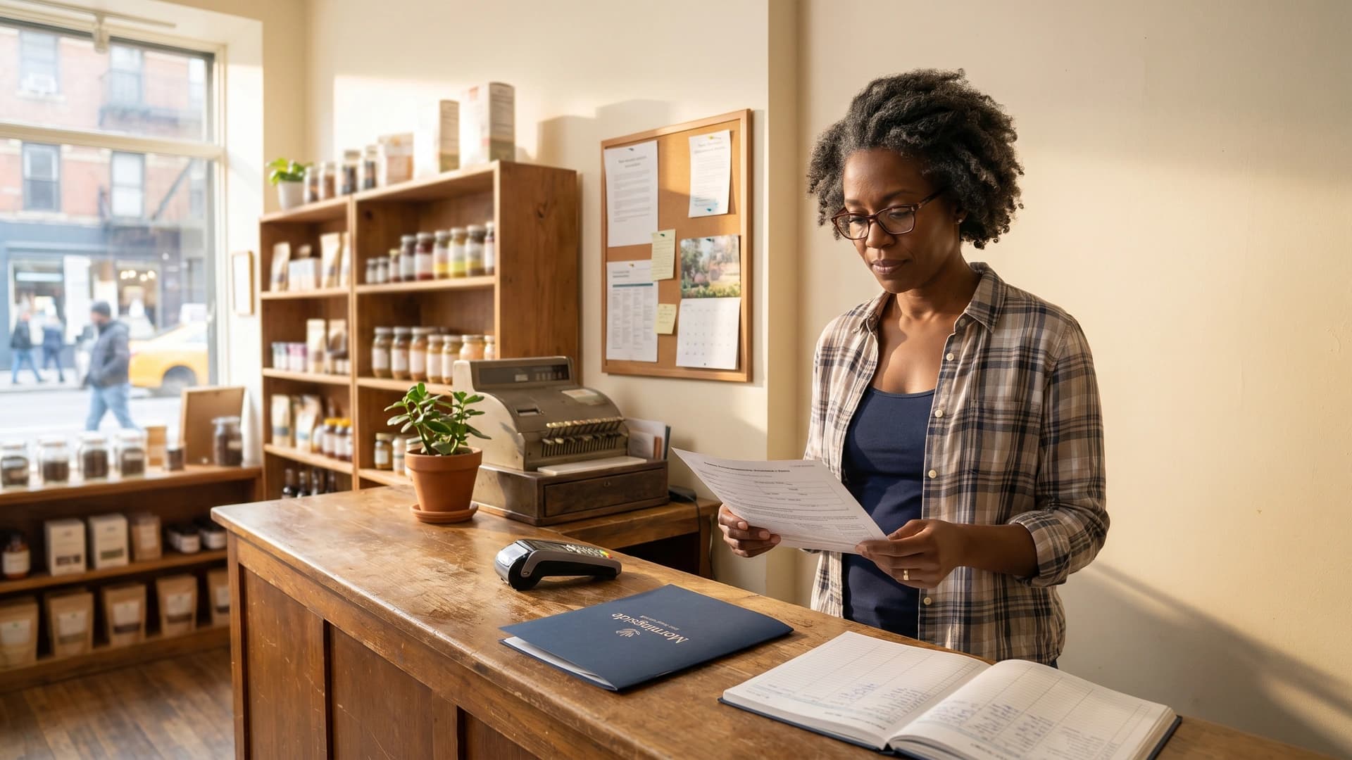 NY small-business owner reviewing workers comp form at retail counter — workers comp cost guide