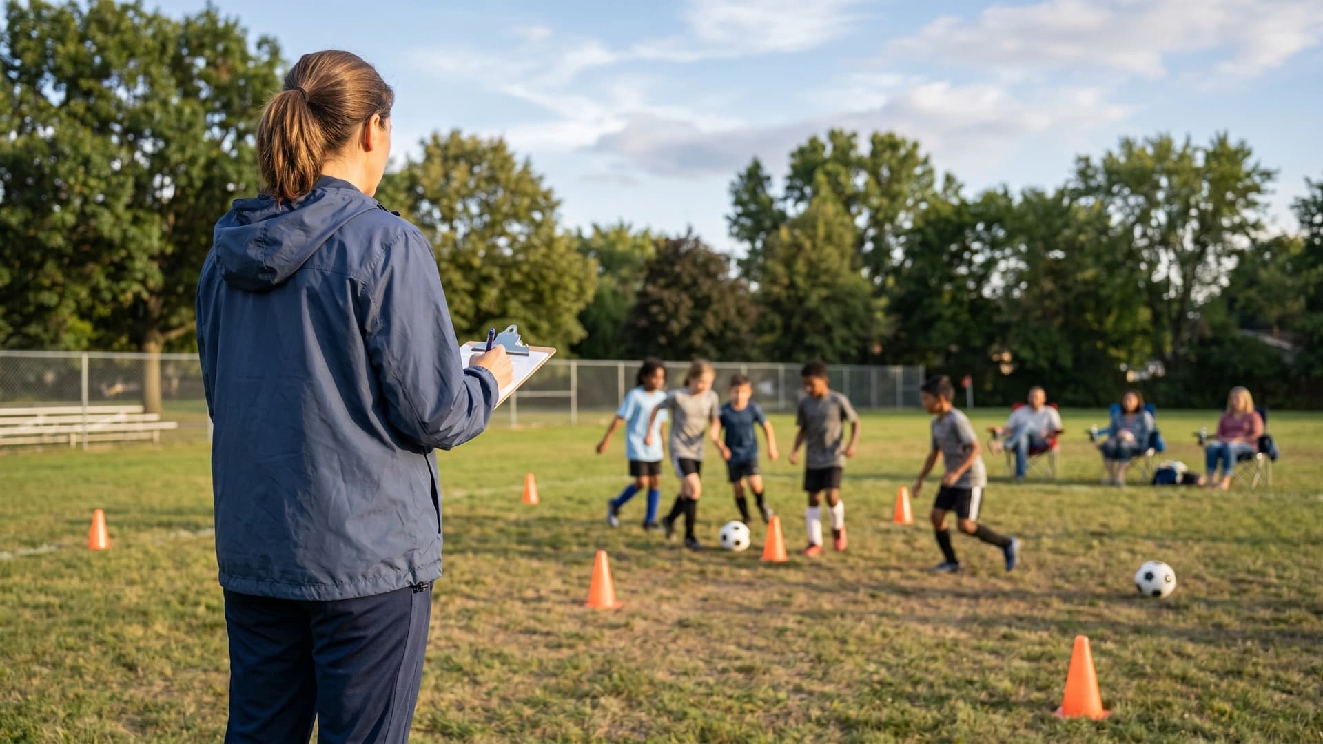 NY youth sports volunteer coach with clipboard watching community soccer practice — youth sports insurance