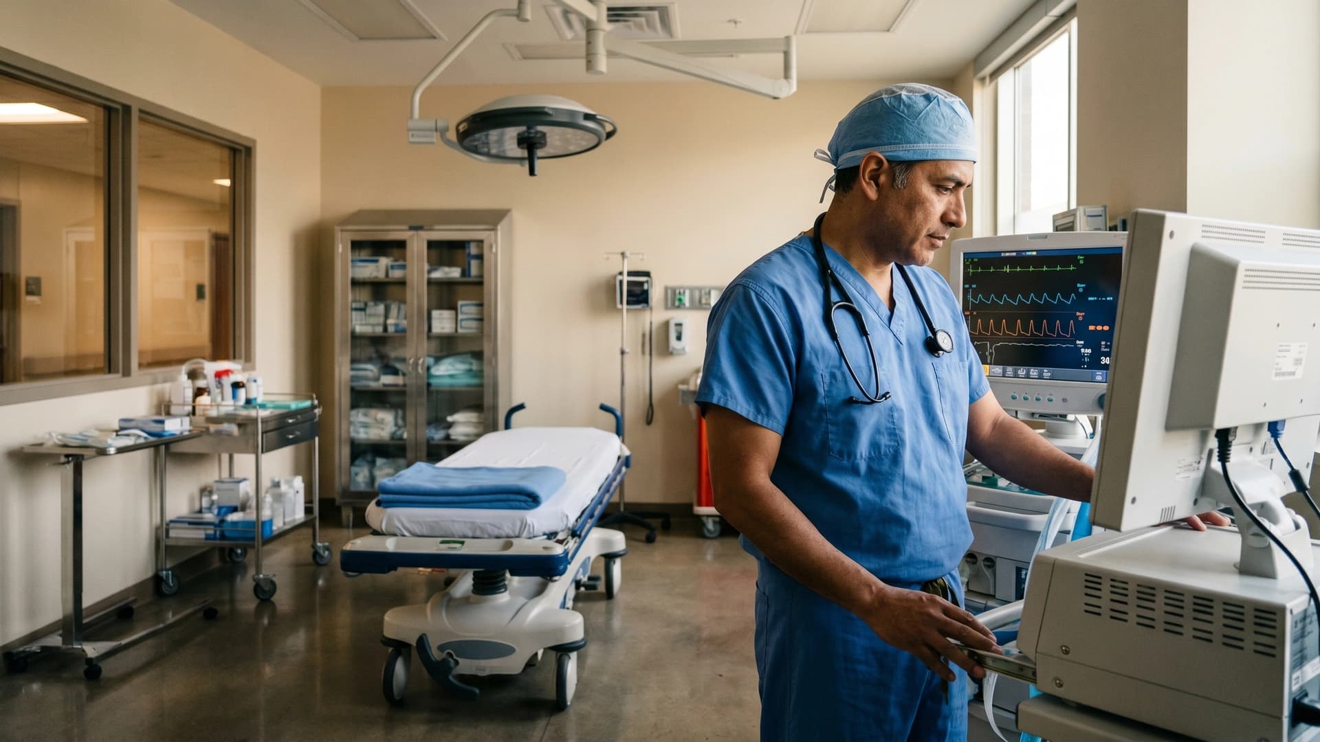 Anesthesiologist in blue scrubs adjusting monitor at pre-op bay, NY anesthesiology malpractice coverage context
