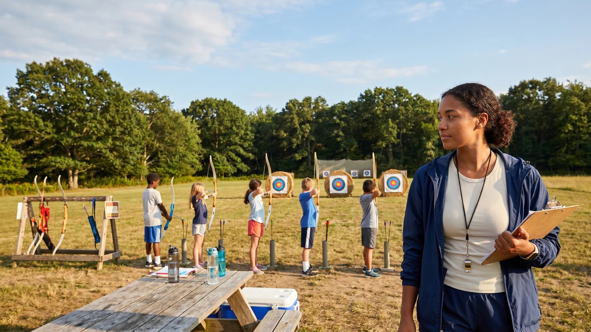 NY day camp counselor with clipboard watching campers at archery range in golden-hour summer light — camp insurance