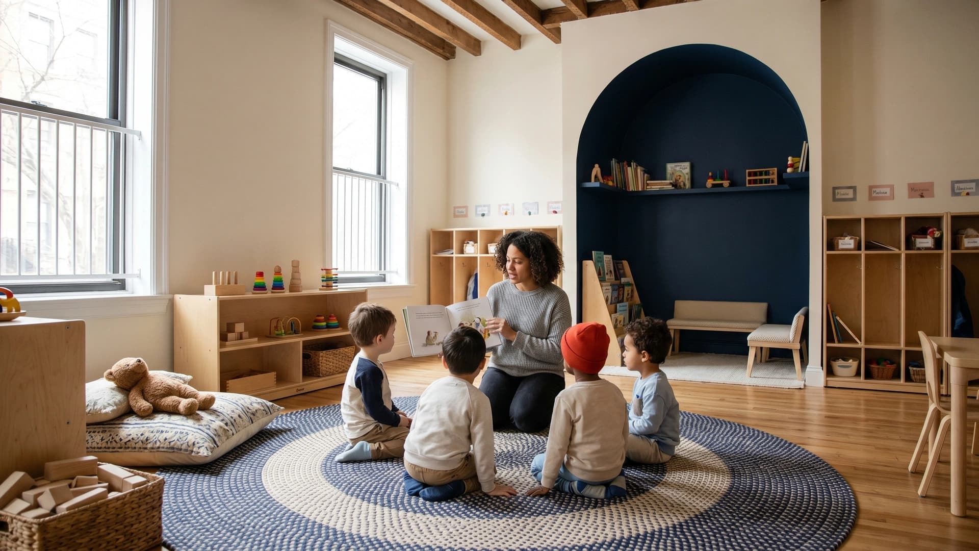 NY licensed daycare teacher reading to small group of children at circle time — daycare insurance coverage