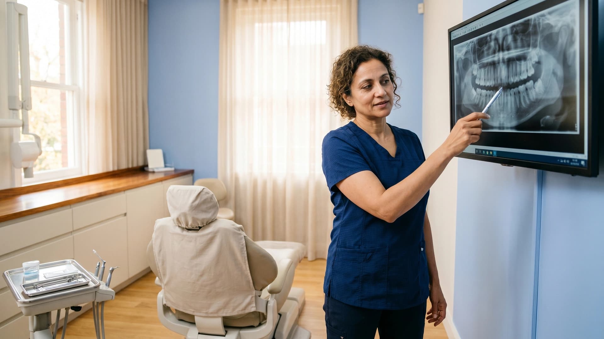 Dentist reviewing panoramic X-ray on wall monitor in modern operatory — NY dental malpractice insurance