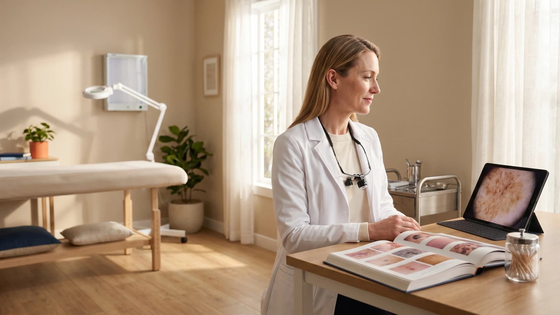 NY dermatologist reviewing dermoscopy on tablet alongside skin-lesion atlas in modern clinic — derm malpractice coverage