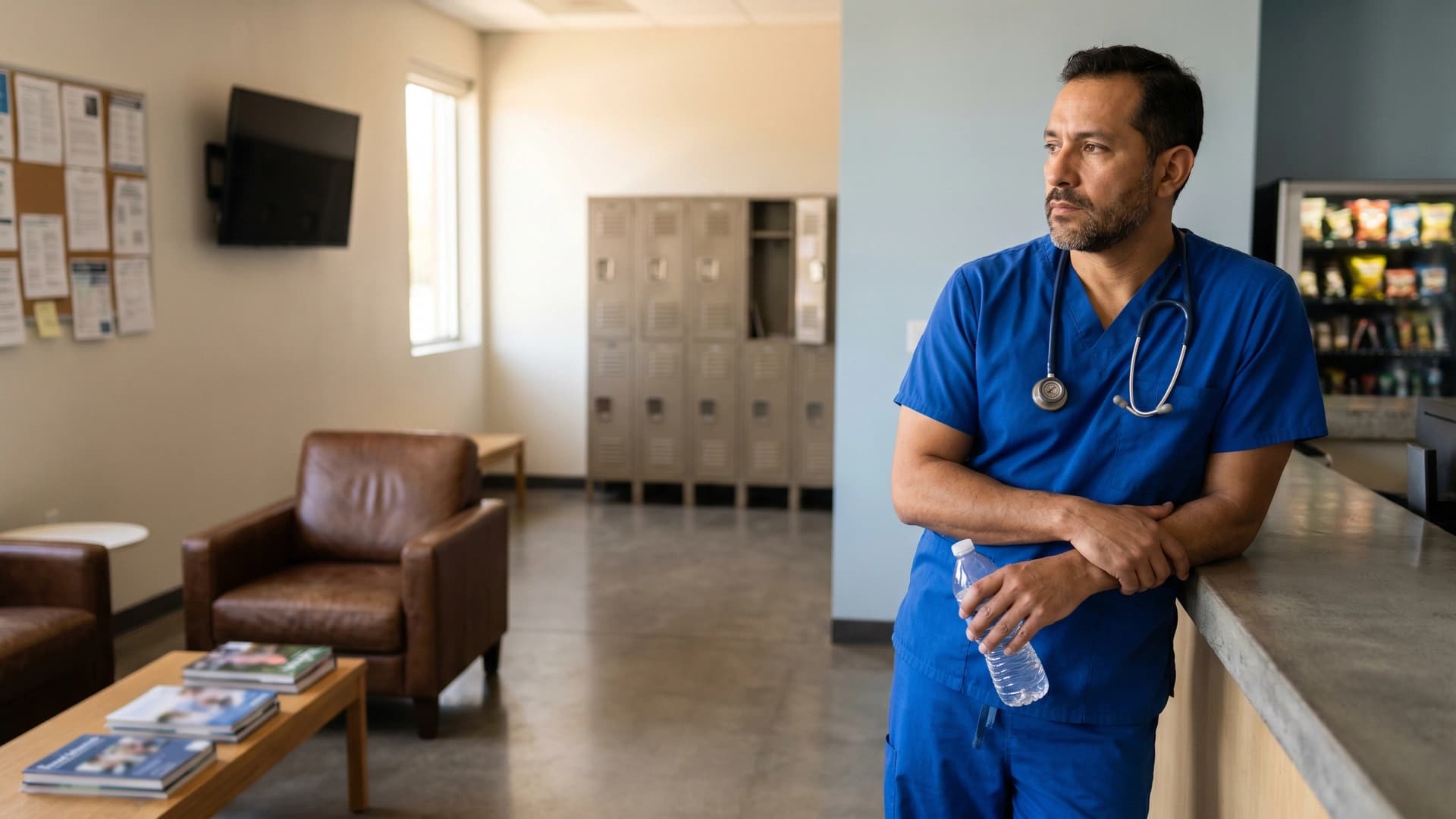 Surgeon in scrubs between cases in hospital lounge — specialty-specific disability insurance for surgeons