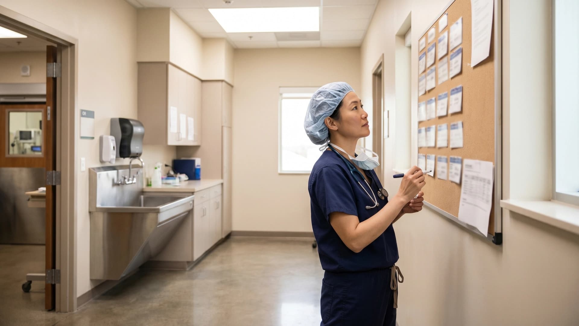 General surgeon in navy scrubs at pre-op corkboard reviewing case schedule — NY general surgery malpractice