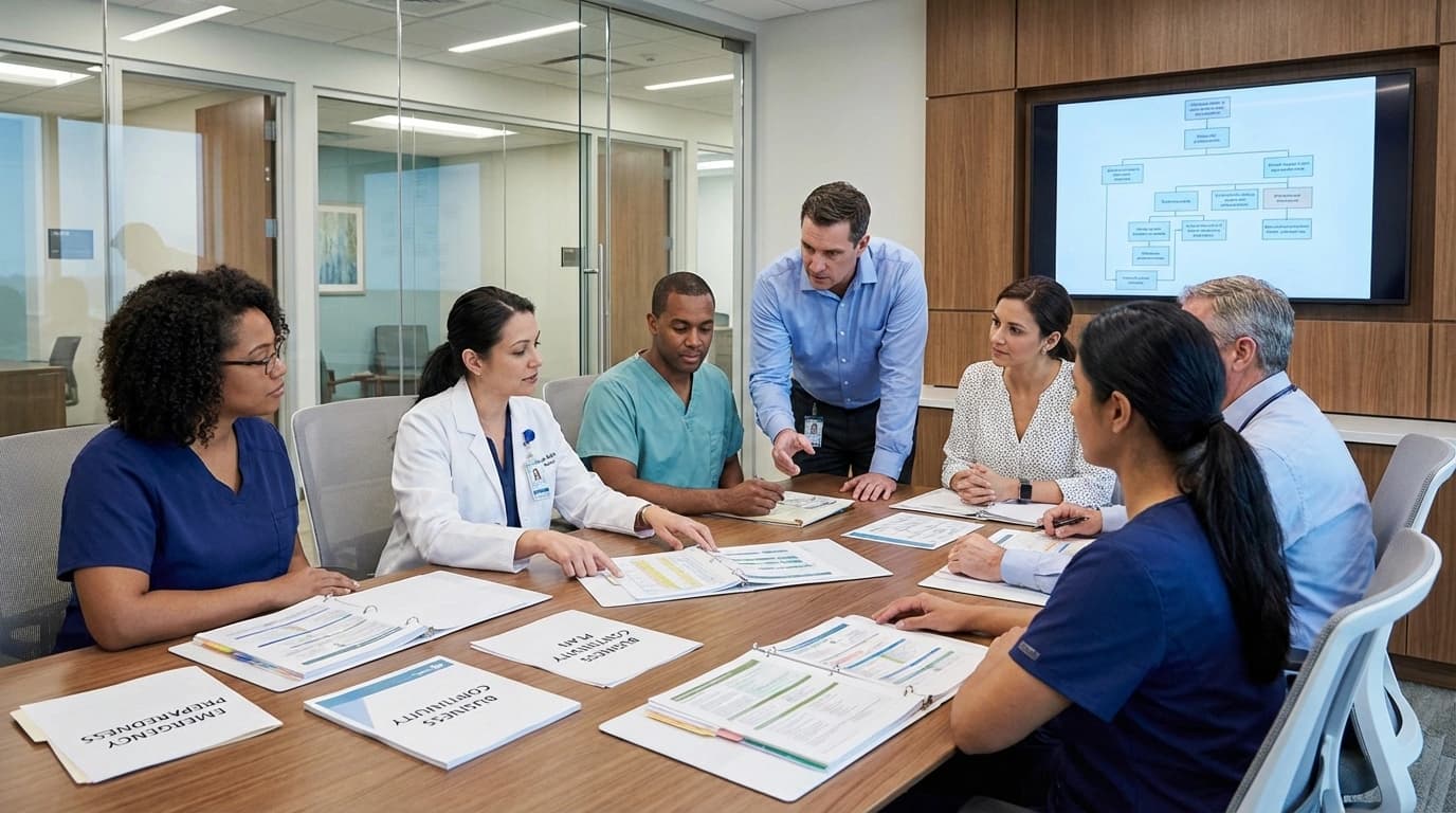 NY healthcare practice team reviewing HIPAA Contingency Plan and SHIELD Act continuity procedures