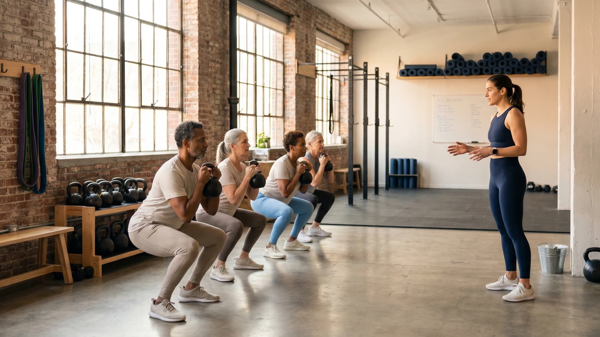 NY boutique fitness coach leading small-group kettlebell training class — gym and fitness studio insurance