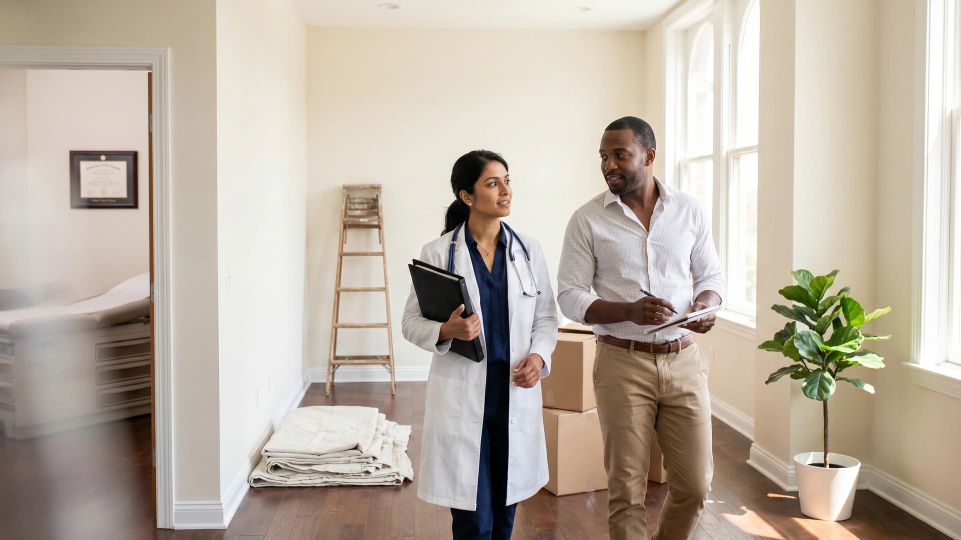 Physician founders walking through partially-built new NY practice — year-one healthcare startup insurance