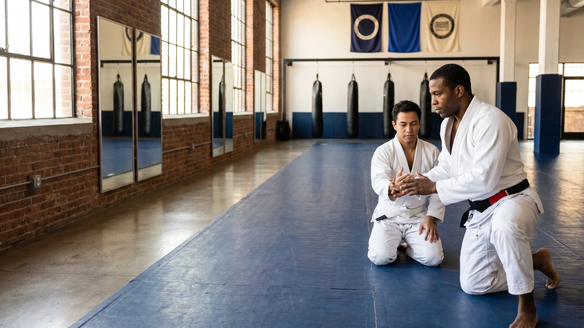 NY BJJ instructor demonstrating hand position to student on tatami mat — martial arts and combat sports insurance