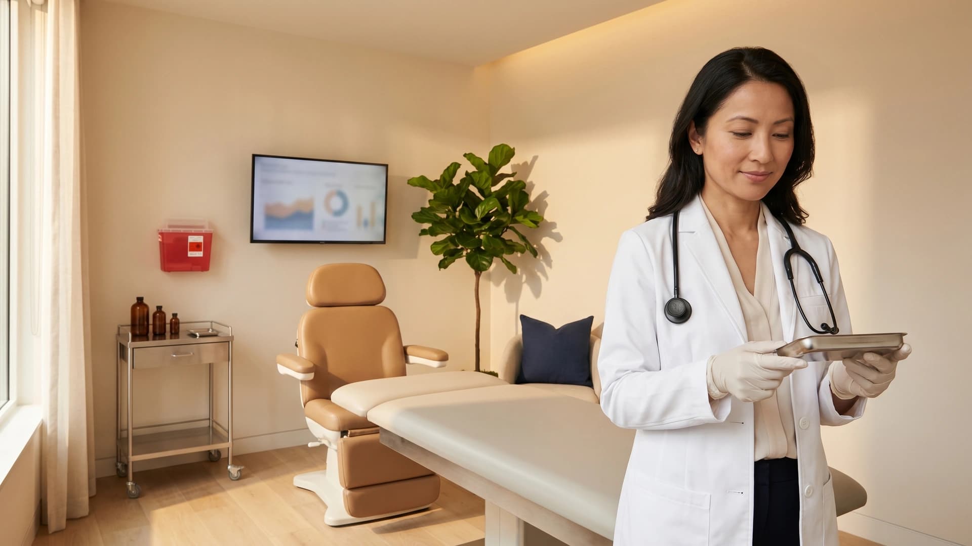 NY medical spa physician in white coat reviewing sample tray in modern aesthetic-medicine treatment room — med spa malpractice