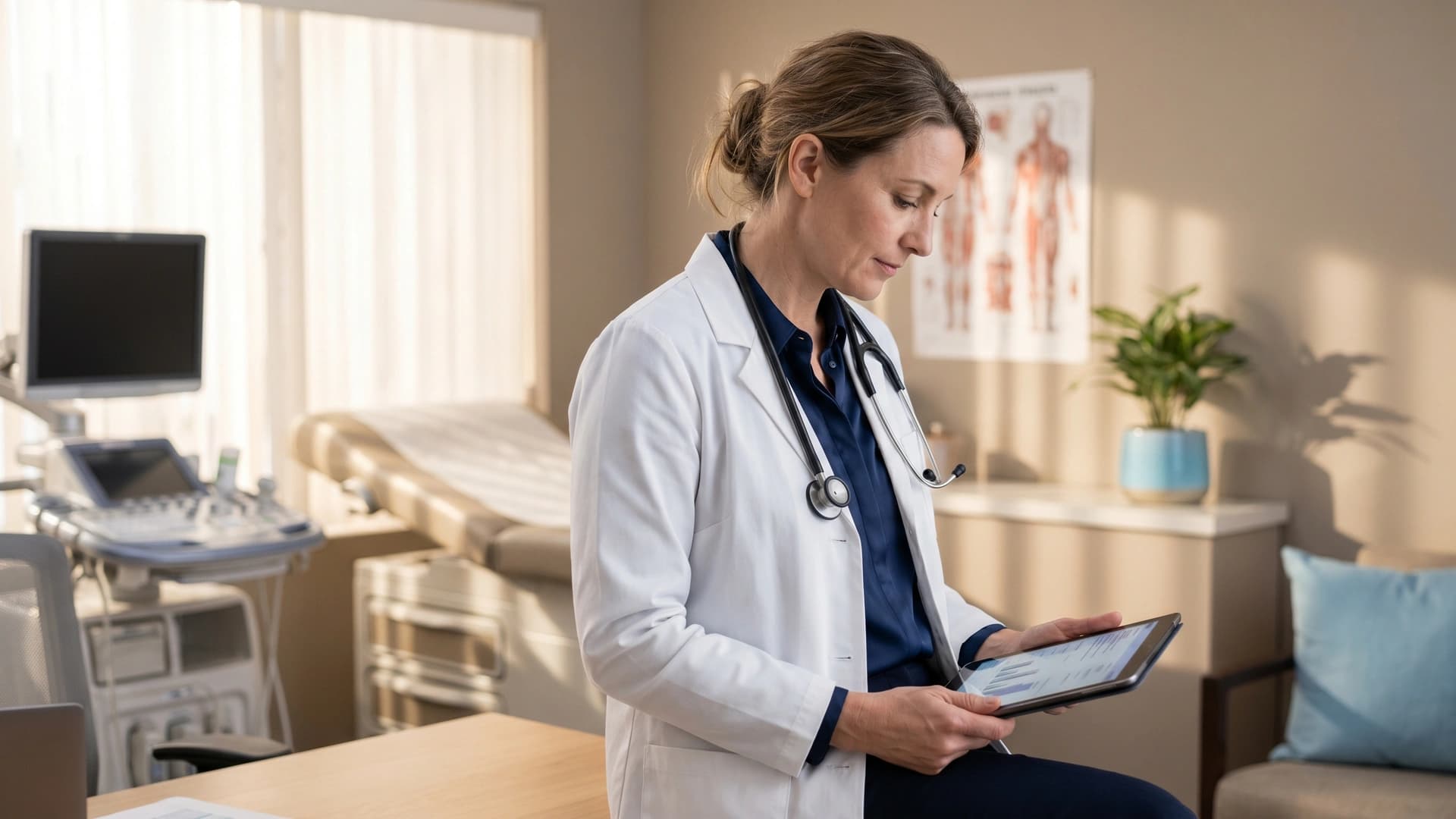 OB/GYN physician in white coat with stethoscope at exam room desk reviewing tablet — NY OB/GYN malpractice coverage