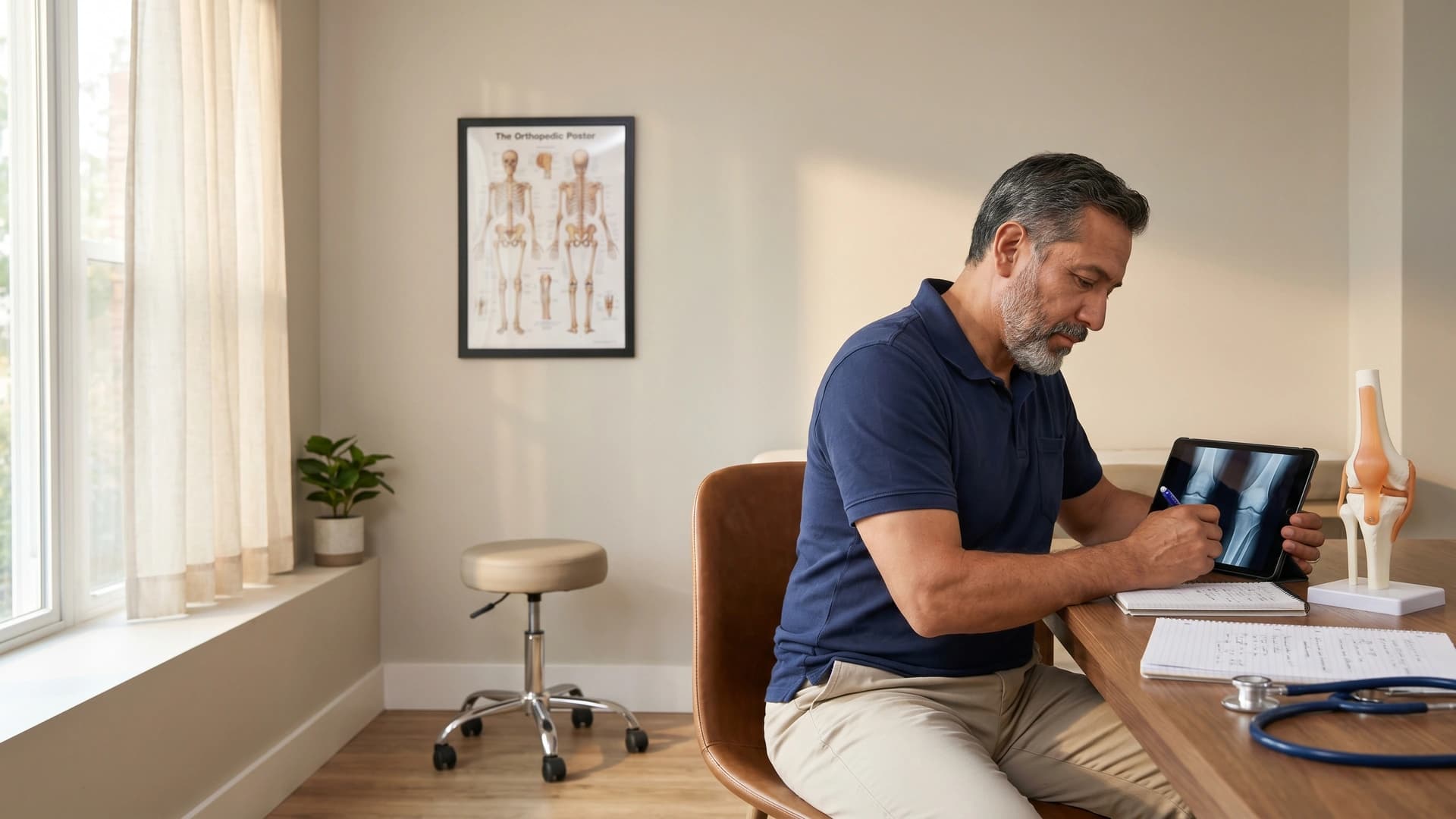 Orthopedic surgeon reviewing knee X-ray on tablet with anatomical model — NY orthopedic malpractice insurance