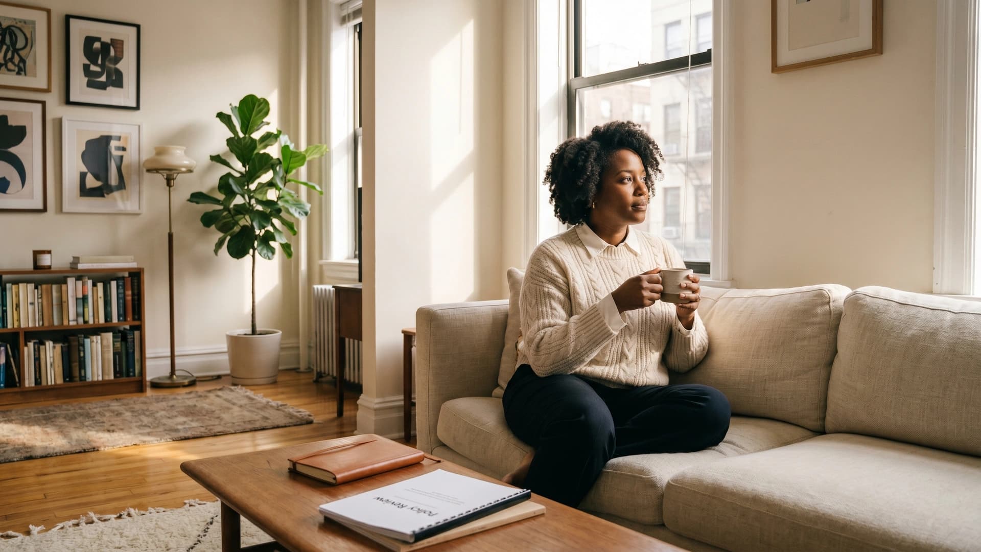 Physician at home weighing disability insurance options with tea — own-occupation DI for NY physicians