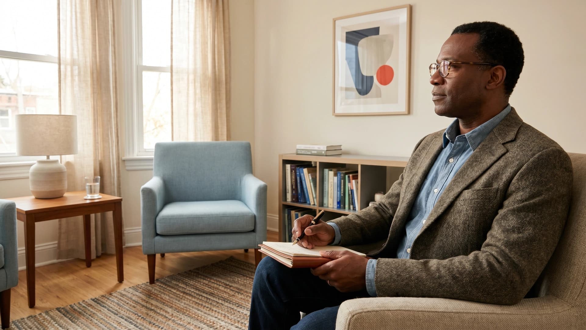 NY psychiatrist in private practice office between sessions, leather notebook in hand — psychiatry malpractice coverage