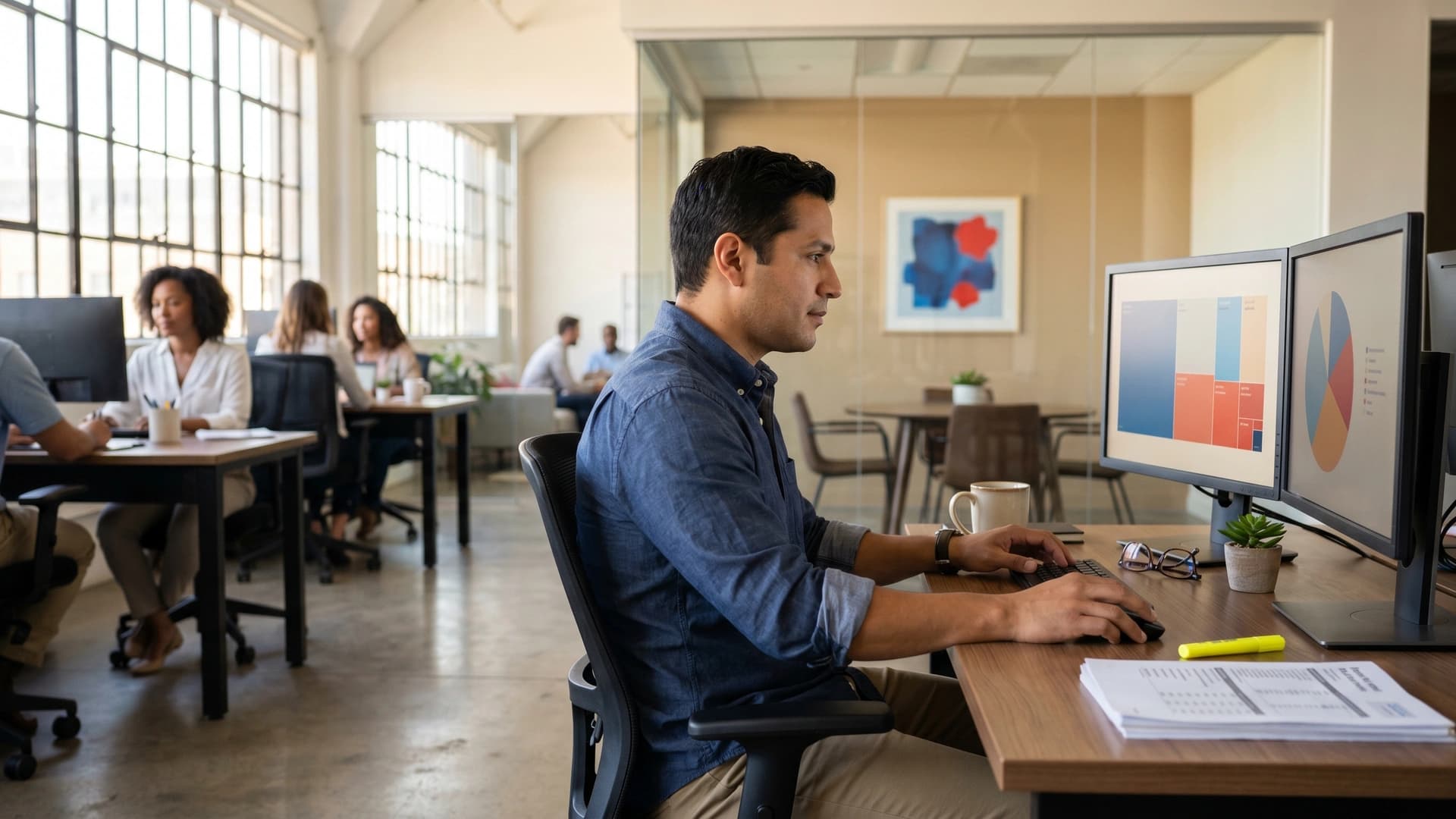 Revenue cycle manager at dual monitors reviewing claims dashboards — NY medical practice RCM audit